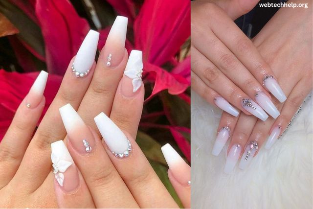 8 White Nails With Diamonds Tips For Black Skin Tone Girls