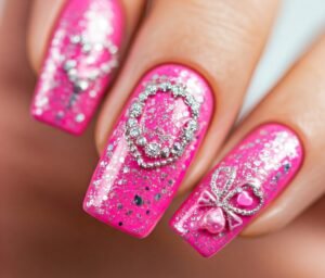 Barbie Pink Nails with Silver Glitter