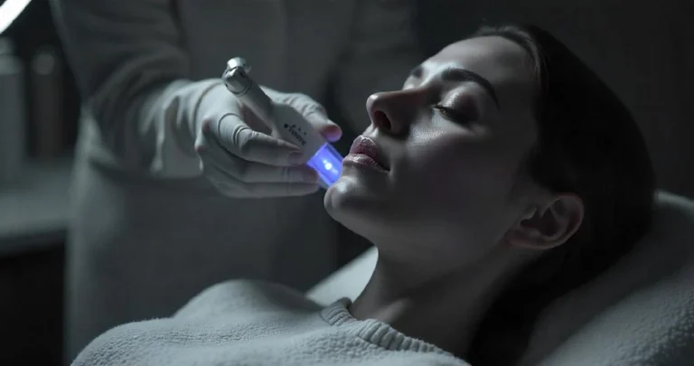 Create a hyper-realistic image of an RF Needling treatment. Show a professional aesthetician using the device on a client’s face in a modern, clean skincare clinic. The device should have tiny needles gently touching the skin, with a soft glow of radiofrequency energy. The client should look calm and relaxed, while the aesthetician handles the device carefully. Zoom in to show details like fine lines and pores on the skin. In the background, include advanced skincare tools and products to create a high-tech and professional vibe.