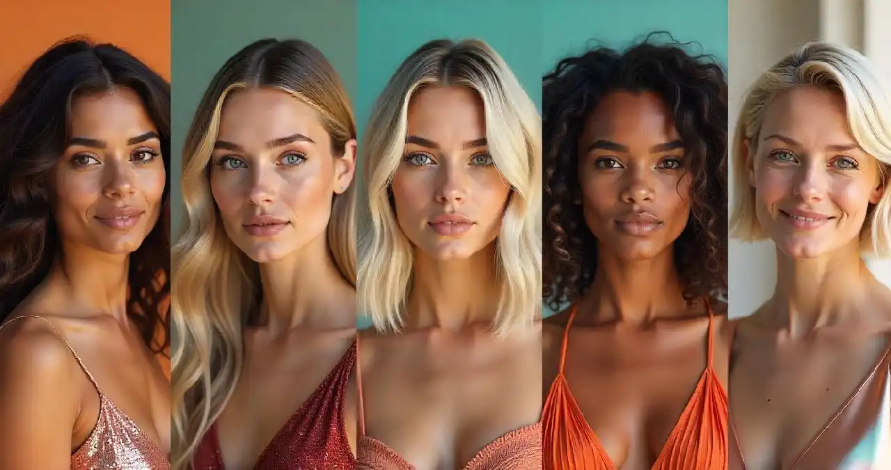 Five diverse women showcasing a range of modern hairstyles, highlighting potential 2025 Hair Trends in a candid, natural photography style. Features include dark wavy hair, long blonde waves, short blonde bob, and curly dark hair, all with radiant complexions.