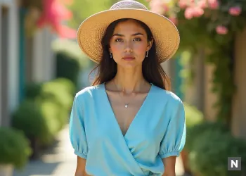 Blue Wrap Blouse + Cream Mini Skirt + White Sneakers